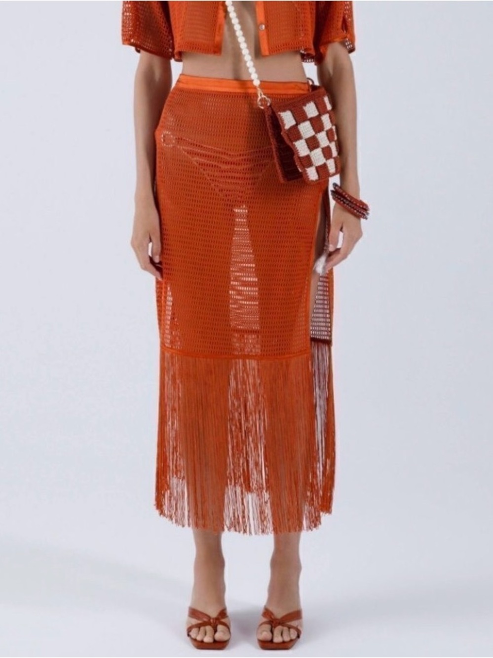 My Beachy Side Camelia Knit Fringe Skirt Cover Up Size Medium NWT Orange Flame
